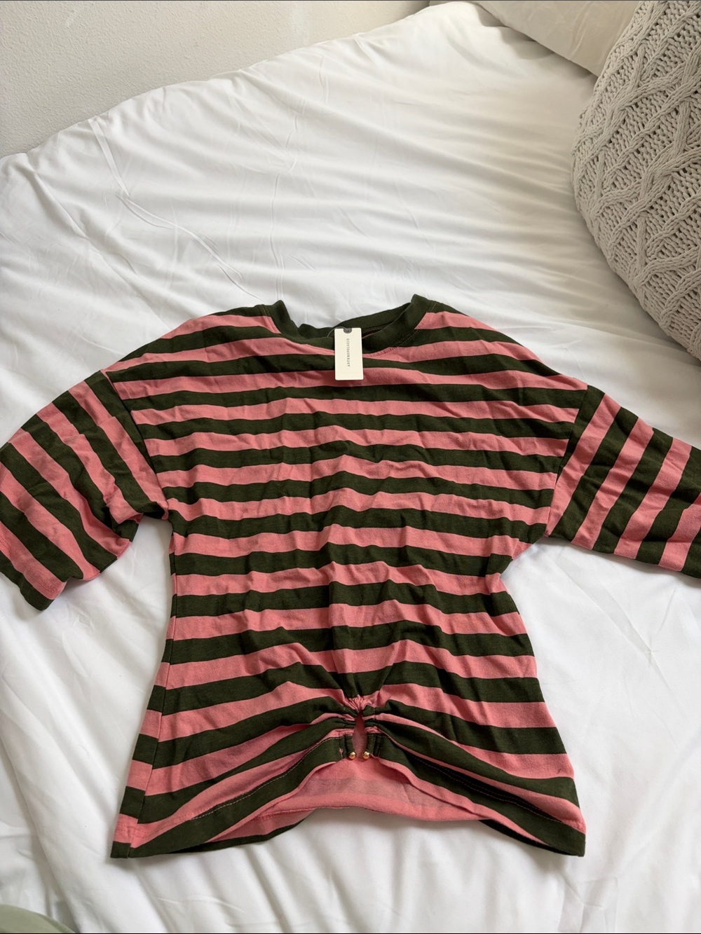 NWT Anthropologie Striped Pink and Olive Short-Sleeve Knot Front Top size XS